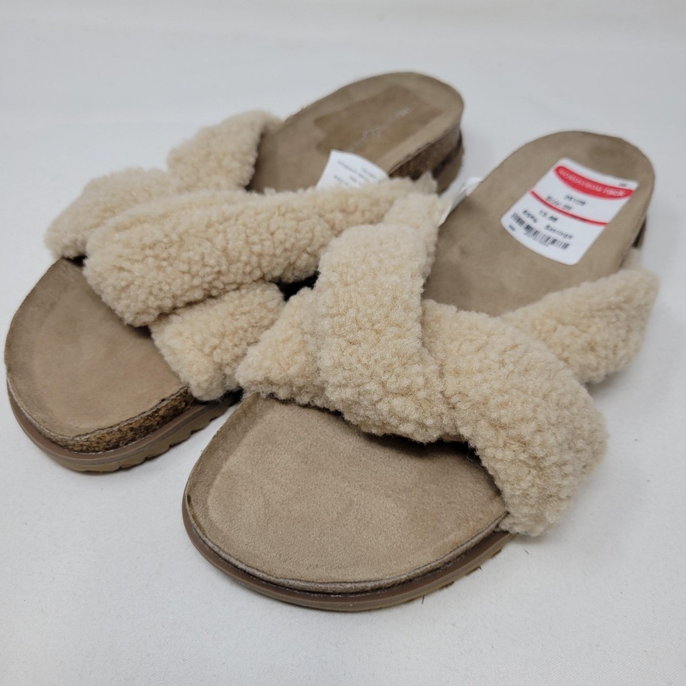 Treasure & Bond Slippers Womens Size 7 Beige Fleece Slide Faux Fur Lined Shoes‎